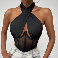 Load image into Gallery viewer, Sexy Cross Halter Corset Bustier Mesh Bone Tank Tops Women Tie Up Wrap Tube Tops Backless Slim Fit Cut Out Front Tops