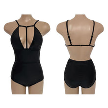 Load image into Gallery viewer, Sexy Cut Out One Piece Swimsuit Women Solid Black Swimwear Bordered Monokini Halter Open Back Trikini Korea Push Up Bathing Suit