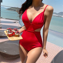 Load image into Gallery viewer, Sexy Cut Out One Piece Swimsuit Women Solid Swimwear Push Up Monokini High Cut Swim Suit Open Back Trikini Pad Bathing Suit