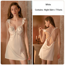 Load image into Gallery viewer, Sexy Deep V Hollow Silk Sling Cross Trim Sleepwear Women Ruffled Lace Sexy Pajamas Satin Solid Color Soft Comfortable Homewear