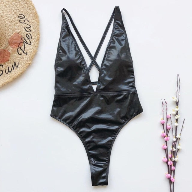 Sexy Deep V Pu Faux Leather High Leg Cut Monokini Women Swimwear One Piece Swimsuit Female Bather Bathing Suit Swim Lady