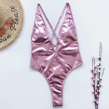 Load image into Gallery viewer, Sexy Deep V Pu Faux Leather High Leg Cut Monokini Women Swimwear One Piece Swimsuit Female Bather Bathing Suit Swim Lady