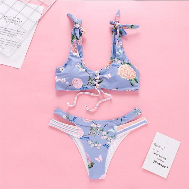 Sexy Dot Floral Bikinis 2021 Mujer New Push Up Swimwear Women Hollow Out Swimsuit Patchwork Summer Beachwear Swimming Biquini