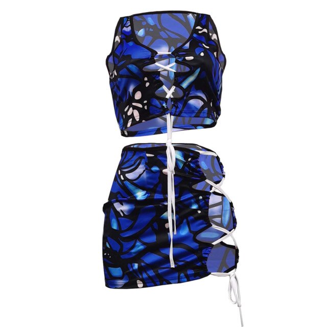 Sexy Dress Women Two Piece Set Club Outfits Summer Print Sports Crop Tops And Mini Skirts Bodycon Summer Dresses