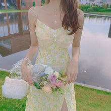 Load image into Gallery viewer, Sexy Elegant Floral Strap Dress Women Yellow Print Evening Party Midi Dresses Ladies Vacation Beach Boho Split Dress Summer 2021