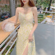 Load image into Gallery viewer, Sexy Elegant Floral Strap Dress Women Yellow Print Evening Party Midi Dresses Ladies Vacation Beach Boho Split Dress Summer 2021