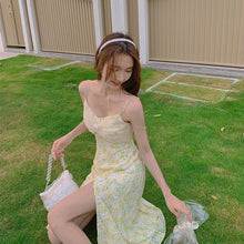 Load image into Gallery viewer, Sexy Elegant Floral Strap Dress Women Yellow Print Evening Party Midi Dresses Ladies Vacation Beach Boho Split Dress Summer 2021