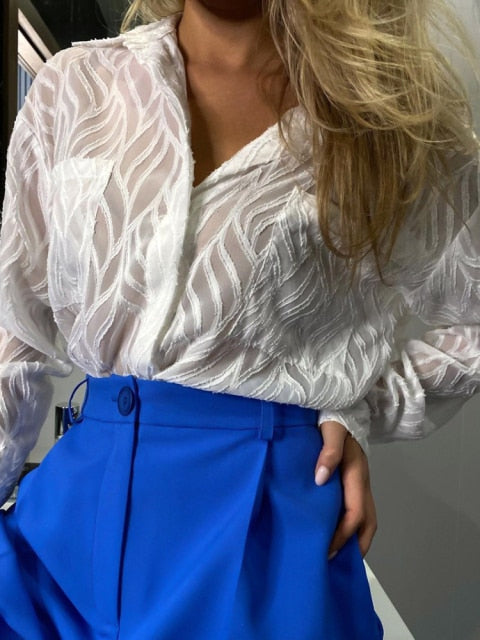 Sexy Elegant See Through Ladies Office Blouse Shirts Women 2022 Fashion V Neck Long Sleeve White Shirt Casual High Street Top