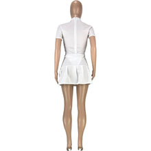 Load image into Gallery viewer, Sexy Fitness Two Piece Dress Sets Women Outfits Short Sleeve One Piece Basic Bodysuits+high Waist Pleated Mini Skirt Tracksuit