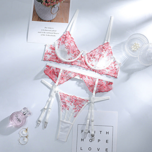 Sexy Floral Embroider Lingerie Underwear Set Underwire Sensual Lingerie Woman Set Woman 3 Pieces Lace Brief Sets Erotic Lingerie
