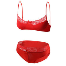 Load image into Gallery viewer, Sexy Gay Men Lace Lingerie Exotic Sets Sissy Nightwear Lace Patchwork Adjustable Spaghetti Strap Bra Tops with Briefs Clubwear