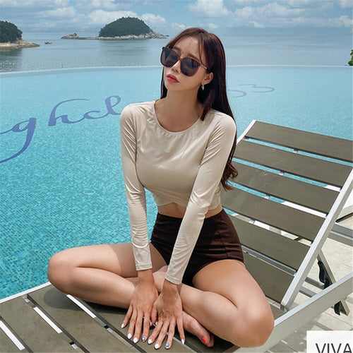 Sexy High Waist Bikini Women Long Sleeve Swimsuits Solid Swimwear Crop Top Biquini Push Up Bikinis Pad Bathing Suit Korea Style