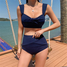 Load image into Gallery viewer, Sexy High Waist Bikini Women Solid Swimwear Bow Biquini Push Up Swimsuit Pleated Bikinis Blue Pad Bathing Suit Korea Style Wrap