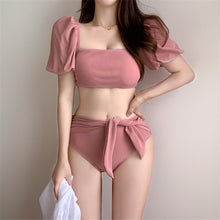 Load image into Gallery viewer, Sexy High Waist Bikini Women Solid Swimwear Short Sleeve Biquini Belt Swimsuit Push Up Bikinis Pad Bathing Suit Korea Style Pink