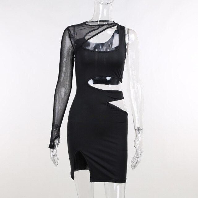 Sexy Hollow Out Bodycon Mini Dress Women Long Sleeve One Shoulder Cut Y2k Club Party Dresses Black Patchwork Vacation Robe