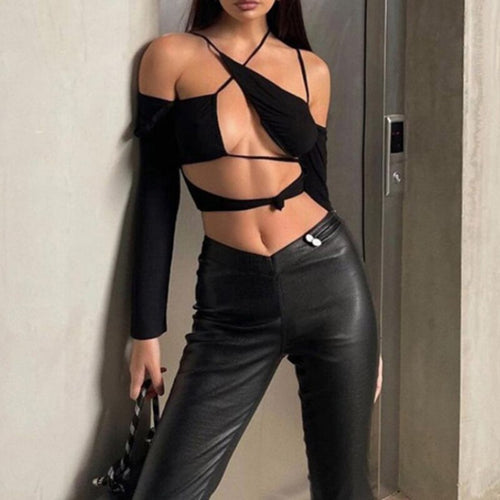 Sexy Hollow Out Irregular Skinny Women Tee Long Sleeve Halterneck Solid  Cropped Top 2022 Summer New All-match Streetwear
