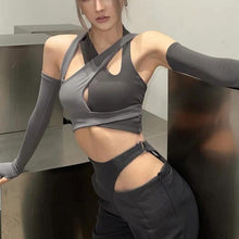 Load image into Gallery viewer, Sexy Hollow Out Patchwork Punk Crop Top Y2K Gothic Skinny T-shirt Grunge Street Casual Halter Clothes 2022 Spring Summer New