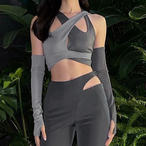 Sexy Hollow Out Patchwork Punk Crop Top Y2K Gothic Skinny T-shirt Grunge Street Casual Halter Clothes 2022 Spring Summer New