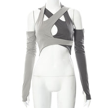 Load image into Gallery viewer, Sexy Hollow Out Patchwork Punk Crop Top Y2K Gothic Skinny T-shirt Grunge Street Casual Halter Clothes 2022 Spring Summer New