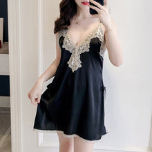 Load image into Gallery viewer, Sexy Hot Erotic Sleepshirts Night Dress Deep V Women Lace Nightgown Sleepwear Silk Lingerie Satin Femme Mini Nightgowns