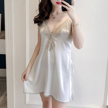 Load image into Gallery viewer, Sexy Hot Erotic Sleepshirts Night Dress Deep V Women Lace Nightgown Sleepwear Silk Lingerie Satin Femme Mini Nightgowns