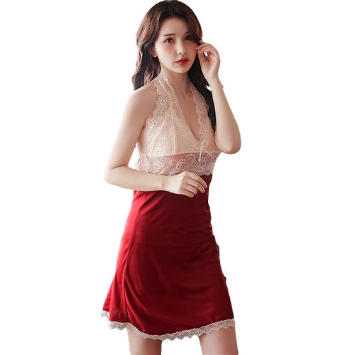 Sexy Hot Erotic Sleepwear Lingerie Patchwork Lace Womens Clothing Silk Night Gown Dress Halter Satin Nighty Homewear Sleepshirts