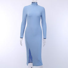 Load image into Gallery viewer, Sexy Knitted Party Dresses Women Turtleneck Solid Split Full Sleeve Elegant Dress For Woman 2021 New Summer Long Dress