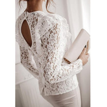 Load image into Gallery viewer, Sexy Lace Hollow Out Vintage Shirt Blouse Spring Fall Fashion Long Sleeve O-neck Top Femme White Ruffles Backless Shirts Women