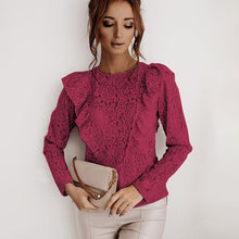 Load image into Gallery viewer, Sexy Lace Hollow Out Vintage Shirt Blouse Spring Fall Fashion Long Sleeve O-neck Top Femme White Ruffles Backless Shirts Women