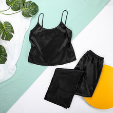 Load image into Gallery viewer, Sexy Lace Mnealways18 Backless Satin Women Sets Black Spaghetti Strap Tops With Long Pants Elastic Waist Sleepwear Home Suits
