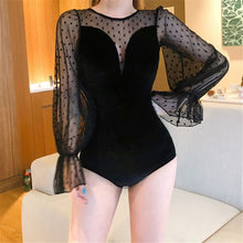 Load image into Gallery viewer, Sexy Lace One Piece Swimsuit Women Solid Swimwear Long Sleeve Monokini Velvet Swim Suit Mesh Pad Bathing Suit Black Open Back