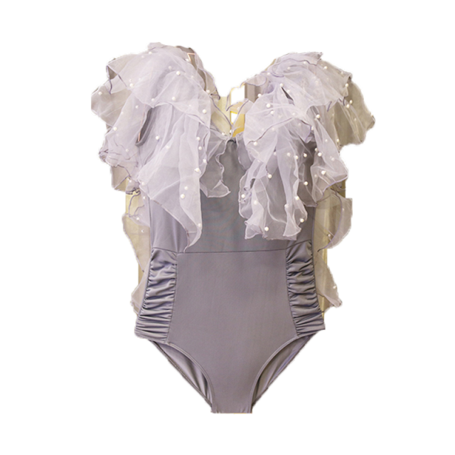 Sexy Lace One Piece Swimsuit Women Solid Swimwear Ruffle Monokini Push Up Beads Open Back Trikini Princess Style Bathing Suit