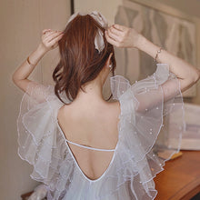 Load image into Gallery viewer, Sexy Lace One Piece Swimsuit Women Solid Swimwear Ruffle Monokini Push Up Beads Open Back Trikini Princess Style Bathing Suit