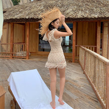 Load image into Gallery viewer, Sexy Lace One Piece Swimsuit Women Solid Swimwear Short Sleeve Monokini Push Up Korea Open Back Trikini Pad Bathing Suit Beige