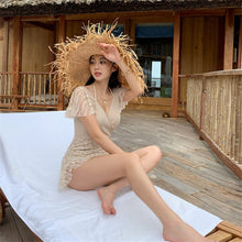 Load image into Gallery viewer, Sexy Lace One Piece Swimsuit Women Solid Swimwear Short Sleeve Monokini Push Up Korea Open Back Trikini Pad Bathing Suit Beige