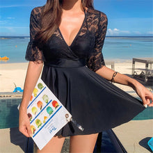 Load image into Gallery viewer, Sexy Lace One Piece Swimsuit Women Solid Swimwear Short  Sleeve Monokini Push Up Swim Suit Skirt Trikini Pad Bathing Suit Black