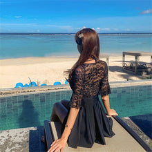 Load image into Gallery viewer, Sexy Lace One Piece Swimsuit Women Solid Swimwear Short  Sleeve Monokini Push Up Swim Suit Skirt Trikini Pad Bathing Suit Black