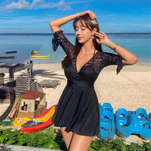 Load image into Gallery viewer, Sexy Lace One Piece Swimsuit Women Solid Swimwear Short  Sleeve Monokini Push Up Swim Suit Skirt Trikini Pad Bathing Suit Black