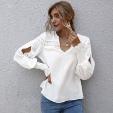 Load image into Gallery viewer, Sexy Lace Patchwork Hollow Out Shirt Blouse Woman Sprint Autumn Fashion Long Sleeve V-neck Shirts Casual White Loose Top Femme