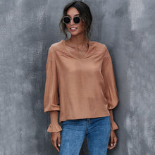 Load image into Gallery viewer, Sexy Lace Patchwork Hollow Out Shirt Blouse Woman Sprint Autumn Fashion Long Sleeve V-neck Shirts Casual White Loose Top Femme