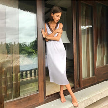 Load image into Gallery viewer, Sexy Lace Patchwork Satin Dress Women Sleeveless Vest Front and Back Deep V Neck Party Dress 2020 Fashion Midi Elegant Dresses