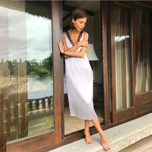 Sexy Lace Patchwork Satin Dress Women Sleeveless Vest Front and Back Deep V Neck Party Dress 2020 Fashion Midi Elegant Dresses