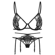 Load image into Gallery viewer, Sexy Lace See Through Bra Thong Set Ultra Thin Underwire Bra and Panty Sets with Suspenders Women Lingerie Intimates