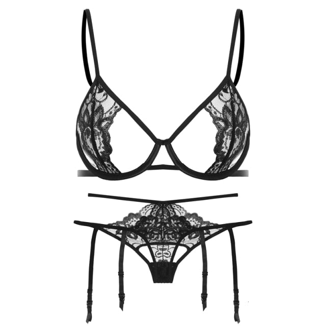 Sexy Lace See Through Bra Thong Set Ultra Thin Underwire Bra and Panty Sets with Suspenders Women Lingerie Intimates