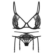 Load image into Gallery viewer, Sexy Lace See Through Bra Thong Set Ultra Thin Underwire Bra and Panty Sets with Suspenders Women Lingerie Intimates