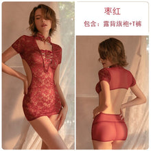 Load image into Gallery viewer, Sexy Lace See Through Erotic Outfit for Women Retro Stand Up Collar Back Hollow Cheongsam Suit Passion Temptation Sexy Pajamas