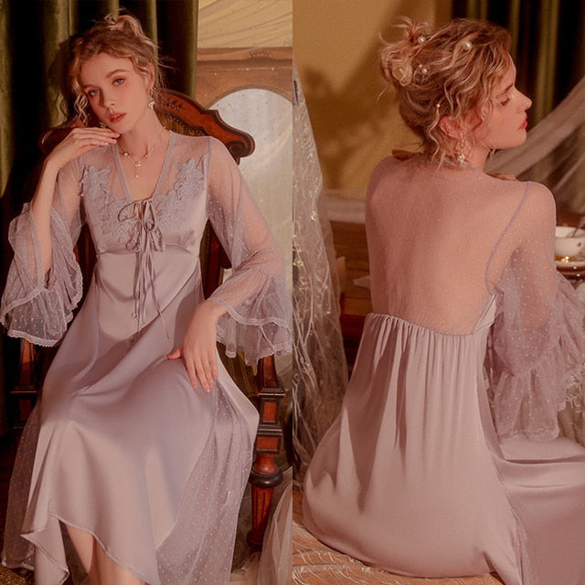 Sexy Lace Sleepwear Women Night Dress Long Robe Lacing strap Nightgown Romantic Mesh Victorian Nightdress Pamajas Sleep Tops