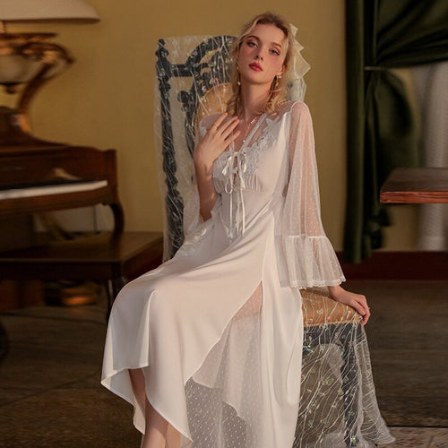 Sexy Lace Sleepwear Women Night Dress Long Robe Lacing strap Nightgown Romantic Mesh Victorian Nightdress Pamajas Sleep Tops