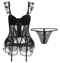 Load image into Gallery viewer, Sexy Lace Women&#39;s Bustier Corset Transparent Sleepwear Black Jumpsuit G String Thong Lingerie Bodysuit Underwear Gothic Clothes