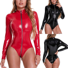 Load image into Gallery viewer, Sexy Latex Teddy Lingerie Long Sleeve Jumpsuit Wet look Zipper Catsuit Gothic Patent Leather Bodysuit Women Fetish Clubwear